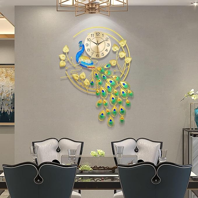 36.6 Inch Large Peacock Wall Clock Non-Ticking Silent, Creative Decorative