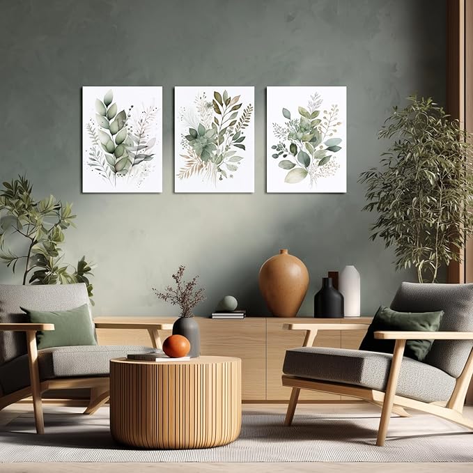LLEEMPI Framed Sage Green Wall Art Set of 3, Modern Watercolor Botanical Wall