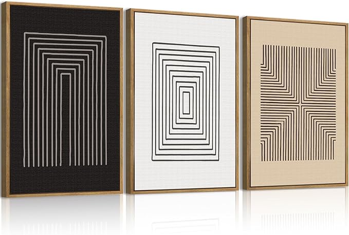 Anyzal Extra Large Abstract Black Framed Wall Art 24x36 Inch Boho Modern Canvas Wall Decor Brown White Minimalist Art prints for Living Room Bedroom Office Set of 3