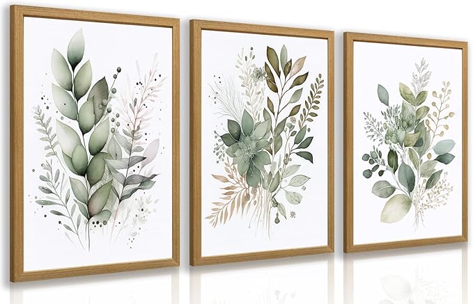 LLEEMPI Sage Green Wall Art Set of 3, Modern Watercolor Botanical Wall Decor