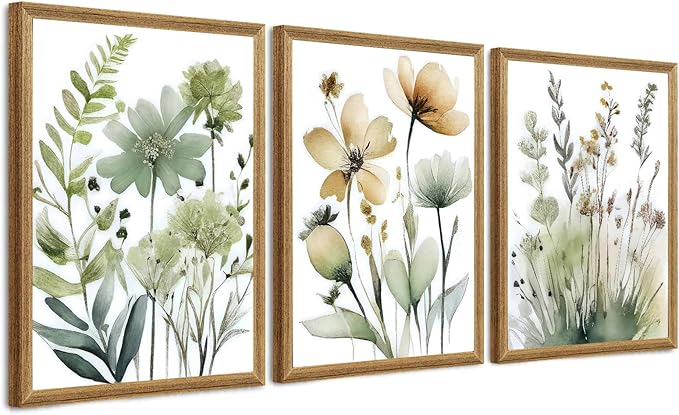 SYWENNOI Wood Framed Green Botanical Canvas Wall Art, Boho Floral Watercolor