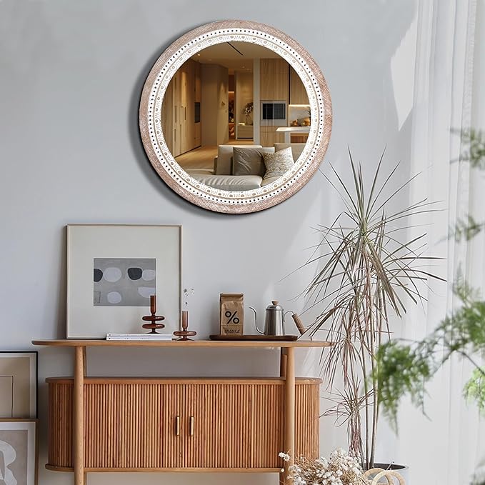 Reflinto 30 Inch Rustic Farmhouse Round Wood Mirror Wall Decor, Boho Circle
