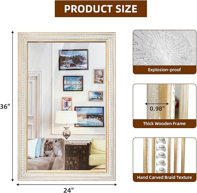 Reflinto 36x24 Inch Rustic Farmhouse Rectangular Wall Mirror, Wooden Rectangle