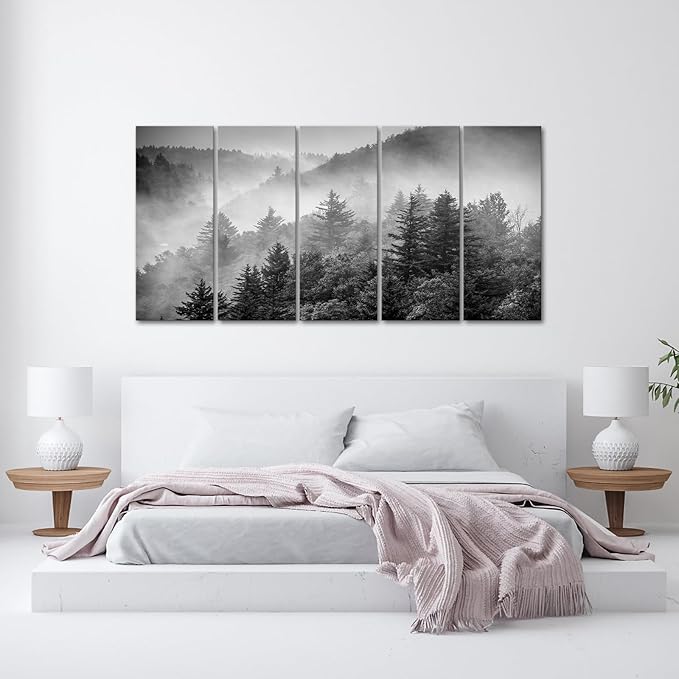 iKNOW FOTO 5-Piece X-Large Canvas Wall Art Set Black and White Misty Forest &