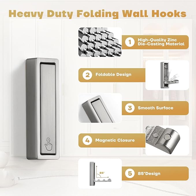 Folding Wall Hook, Heavy Duty Zinc Alloy No Rust Fold Up Hooks