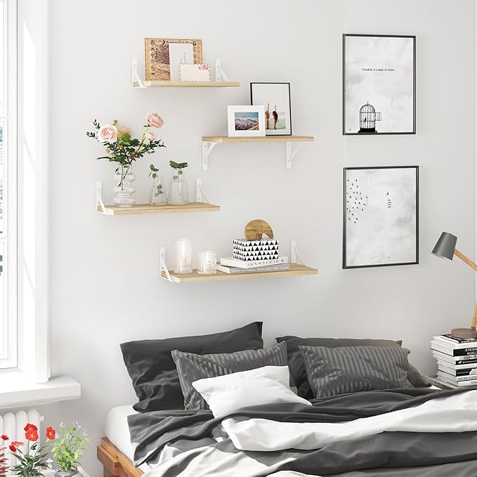 YGEOMER Floating Shelves for Wall, Different Sizes Natural Wood Wall Shelves