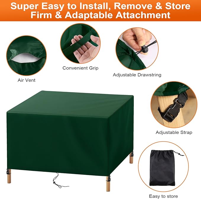 Patio Furniture Cover Rectangle 84"(L) x 36"(W) x 32"(H), Custom Heavy Duty 420D Waterproof Outdoor Cover with Drawstring & Buckles for Table Chair Garden, Green