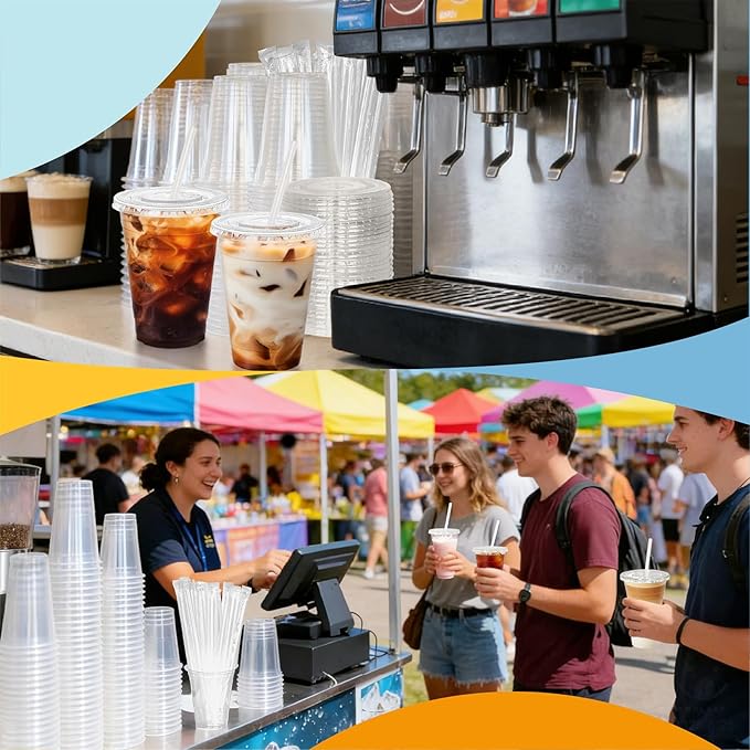 Coolcap 12 oz 100 Pack Disposable Clear Plastic Cups with Lids and Straws, Food Safe Bulk Iced Coffee Cups for Smoothies, Milkshakes and Other Cold Drinks