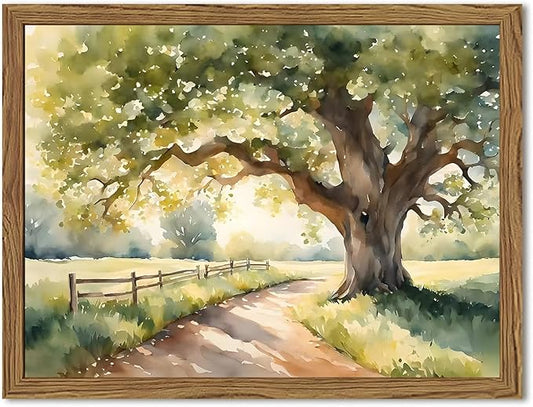 Framed Vintage Tree Landscape Wall Art, Watercolor Country Road Nature Wall