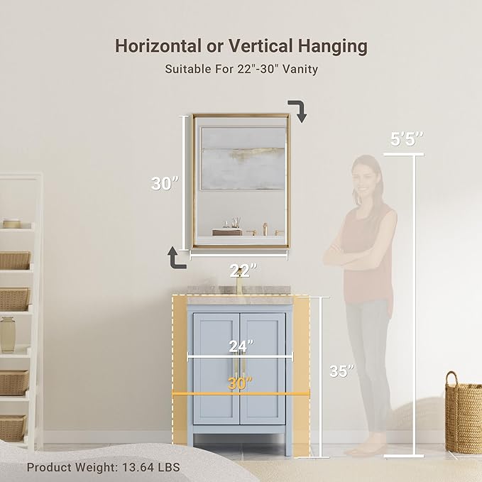 Gold Bathroom Mirror, 22x30 Brushed Gold Bathroom Mirror Beveled Edge,