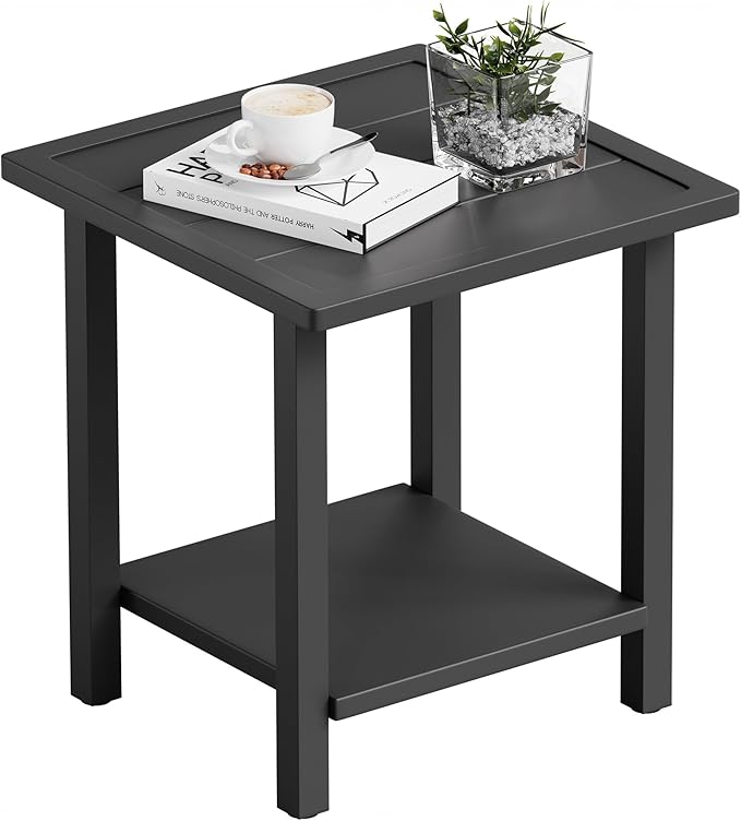 Outdoor Large Square Side Table, Heavy-Duty Metal Patio End Table, Weather Resistant Poolside Table with Easy Assembly for Balcony, Deck, Backyard (Dark Grey)
