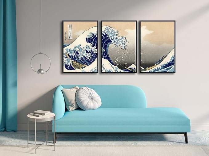 Wieco Art Black Framed Great Wave of Kanagawa Katsushika Hokusai 3 Piece Modern