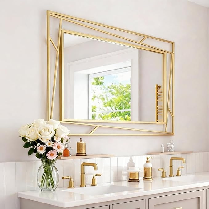 Brushed Gold Bathroom Mirror, Hang Horizontally or Vertically