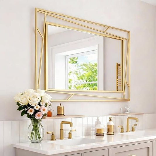 Brushed Gold Bathroom Mirror, Hang Horizontally or Vertically