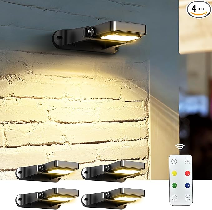 COXSENI Solar Wall Lights Outdoor with Remote Control, Large Battery, 6 Color Modes, Warm/Cool White, RGB, IP65 Waterproof 360Â° Adjustable Angle for Fence Porch Yard Deck Step, 4 Pack