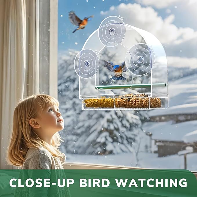SUNALLY Window Bird Feeder for Outdoors, Clear Feeders Window Mounted with Strong Suction Cups, Fummingbird Feeder for Viewing Inside, Oriole, Finch Bird Watching for Cats, Elderly, Kids