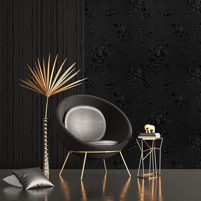 Erfoni Black Peel and Stick Wallpaper Black Floral Embossed Contact Paper