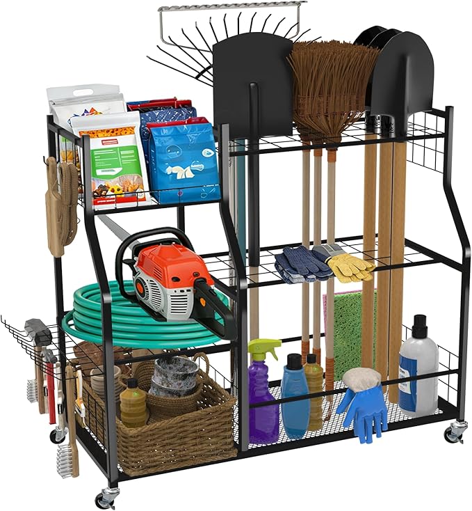 Large Garden Tool Organizer with Wheels, Yard Tool Organizer Stand for Long Handled Tools, Indoor/Outdoor Metal Yard Tool Storage Rack Cart for Garage, Shed, Garden