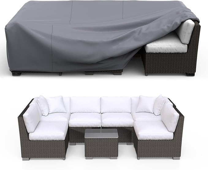 Patio Furniture Set Cover Waterproof, Heavy Duty Furniture Covers for Outdoor Sectional Sofa Set Wicker Rattan Table Chair Rectangular,138"L×86"W×28"H,Grey