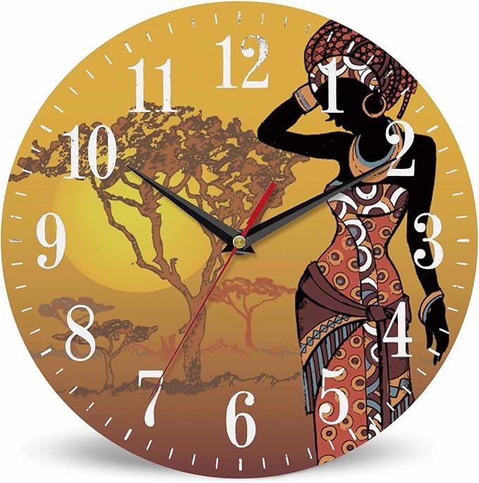Mxocom African Woman Wall Clock Beautiful Black Woman