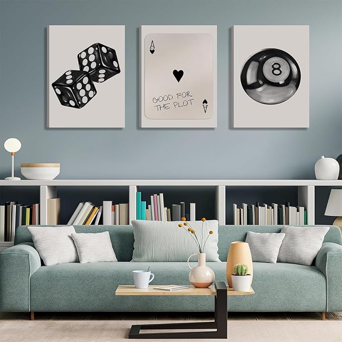 BOKPEN 3Pcs Black and White Poker Dice Canvas Wall Art Funky Retro Y2K Trendy