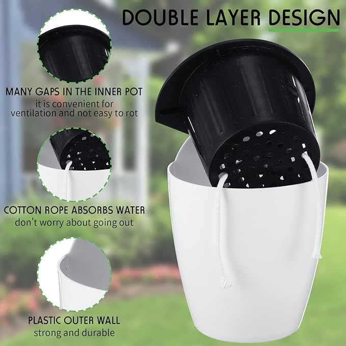 Yungyan 10 Sets 5" Self Watering Hanging Planter White Lazy Flower Pots Plastic