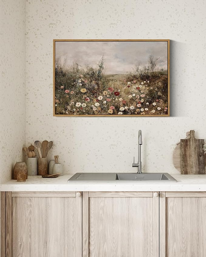 InSimSea Framed Canvas Prints Art Vintage Decor, Classical Wildflower Field Meadow Flowers Painting, Rustic Landscape Large Wall Art for Living Room Bedroom Home Bathroom Wall Decor, 16x24inch