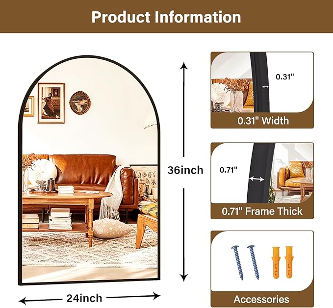 XRAMFY 24"x36" Black Arched Bathroom Mirror