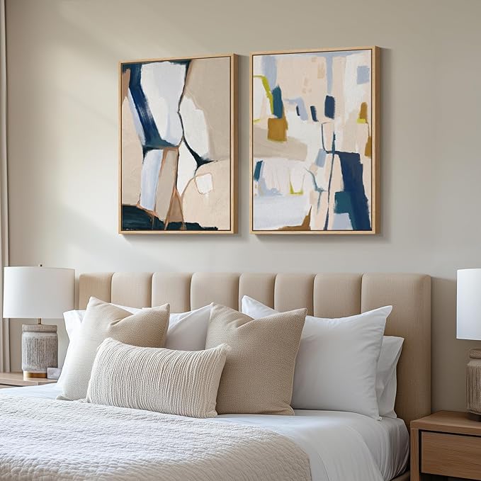 Large Framed Neutral Abstract Wall Art, 2 Piece Beige and Navy Blue Modern