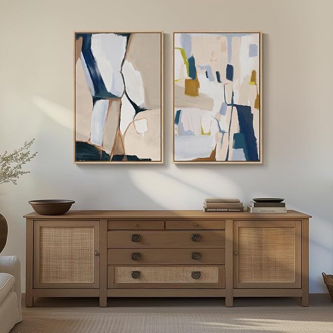 Large Framed Neutral Abstract Wall Art, 2 Piece Beige and Navy Blue Modern
