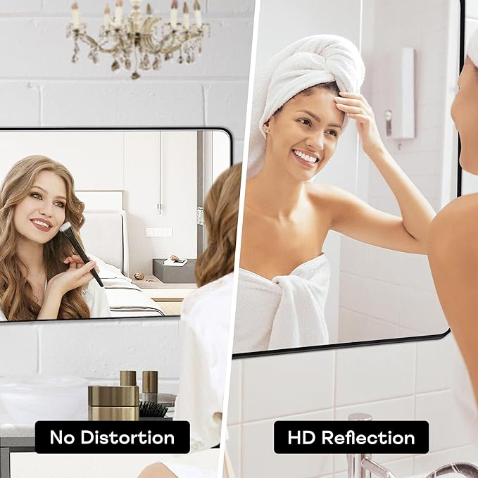 Wall Mount Mirror for Bathroom, Brushed Black Metal Framed Large Rounded Corner