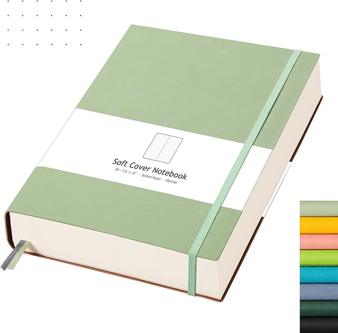 AHGXG Bullet Dotted Journal - 320 Pages Dot Grid Notebook B5 Large Journal, 100gsm Thick Dotted Paper, Leather Softcover, with Journal Stencils, Inner Pocket, 7.6'' X 10'' - LightGreen