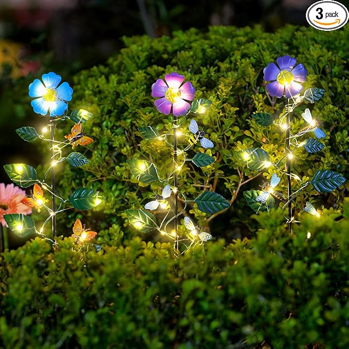 Set of 3 Solar Garden Lights,23'' H Flowersï¼Insect Decorative Garden Stakes,Waterproof Metal Spring Yard Art Decor,Solar Stake Lights for Outside,Lawn,Yard,Patio