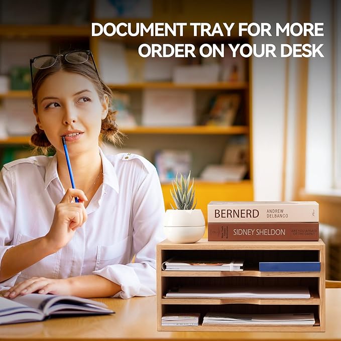 KIRIGEN Wooden Desktop Organizer Paper Storage Letter Tray File Sorter - Desk Rack Magazine File Dividers Holders for Home Office Accessories Wood Desk Cabinet with 3 Layer Trays Natural(3KWJG-NA)