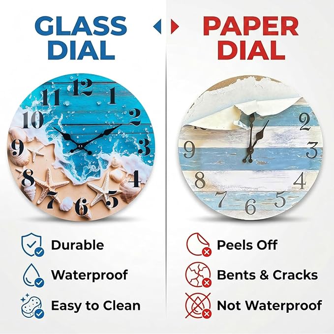 Indoor/Outdoor Clocks Waterproof, Glass Rustic Beach Decor Wall Clock