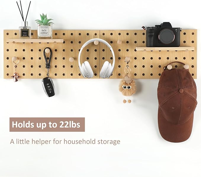 2 Pack Beige Wooden Pegboard, Modular Wall Organizer Storage Shelf