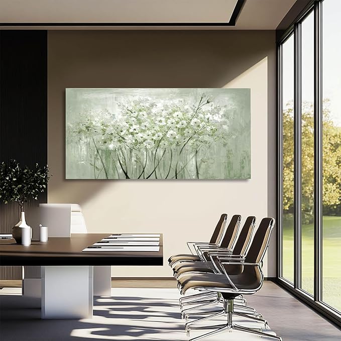 MLART99 Modern Artwork Wall Decor White Flowers Picture Art 24"x48" Plant Wall