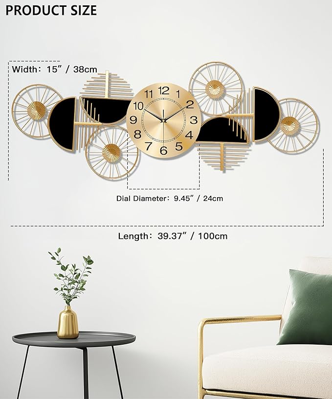 Large Wall Clock, Modern Silent Non-Ticking Metal Wall Art Wall Clocks Battery