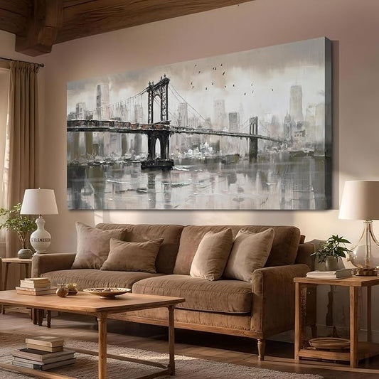 Anolyfi Vintage Brooklyn Bridge Canvas Wall Art Decor, Skylines Cityscapes