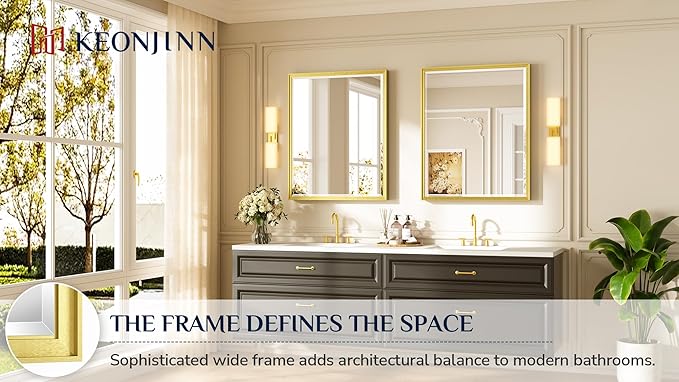 Keonjinn 30" x 36" Gold Bathroom Mirror, Beveled Edge Tempered Glass,