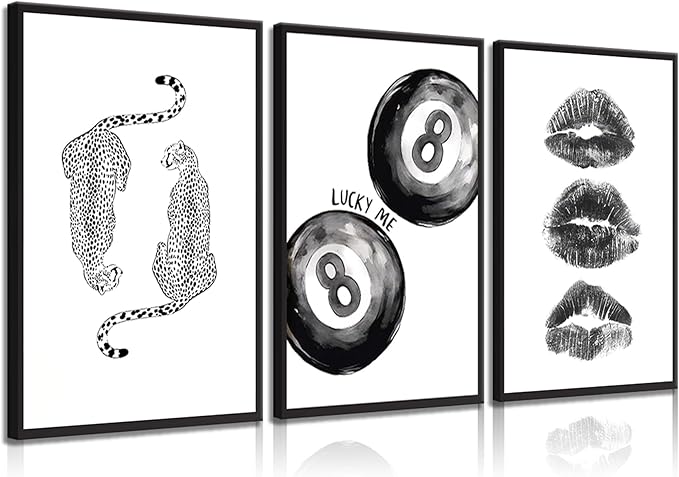 BOKPEN Trendy Black and White Leopard Canvas Wall Art, Funky Y2k Lucky 8 Ball