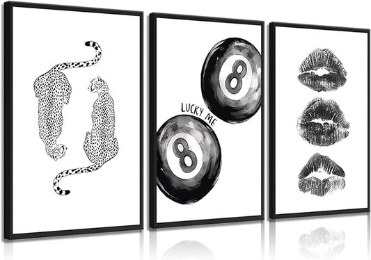BOKPEN Trendy Black and White Leopard Canvas Wall Art, Funky Y2k Lucky 8 Ball