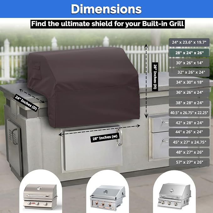 Covers & All Built-in Grill Cover for Outdoor Grill – Heavy Duty 12 oz Waterproof Built-in BBQ Grill Cover, PVC-Coated Polyester with Elastic Hem for Snug Fit (28 x 24 x 26 inches, Coffee)