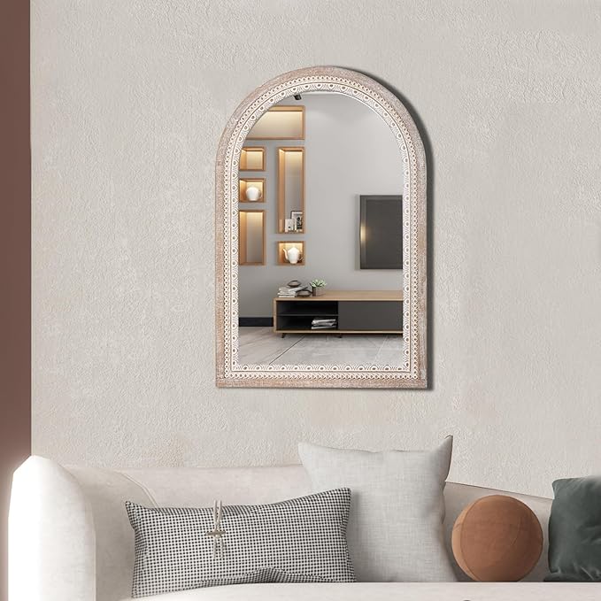 36x24 Inch Rustic Farmhouse Arched Wall Mirror, Boho Distressed Wooden Frame