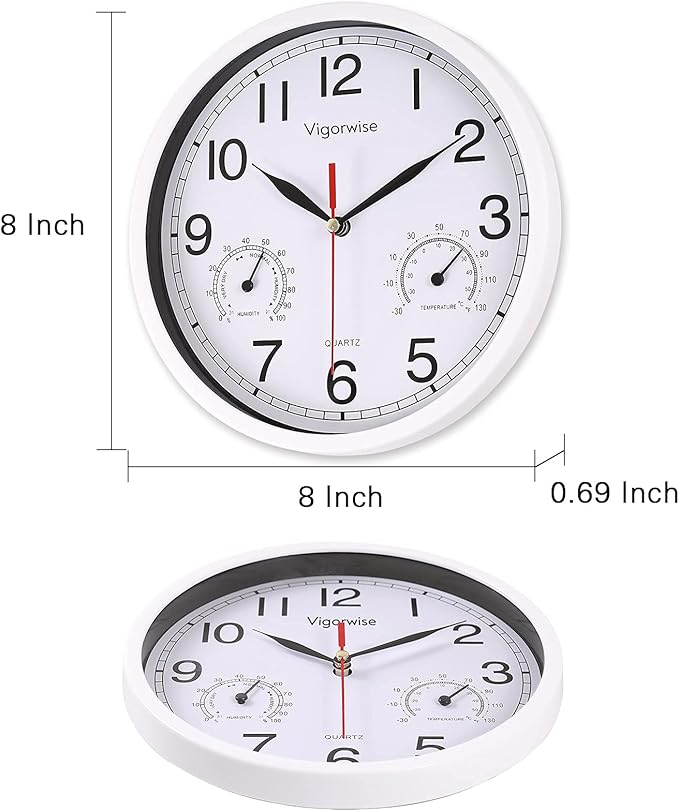 8 Inch White Wall Clock, Sweep Silent Movement Accurate Clocks