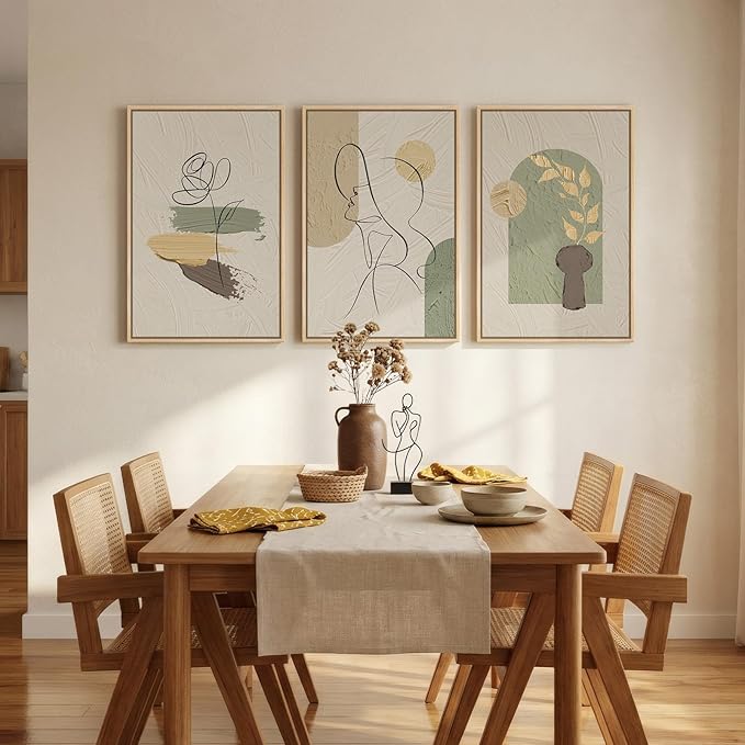 Framed Abstract Boho Wall Art for Living Room, 3 Piece Large Neutral Canvas