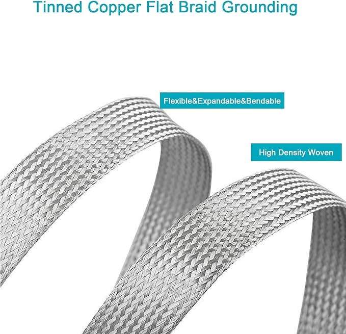 Tinned Copper Braided Cable Shielding Sleeve Metal Wire Loom Sheathing EMI RFI ESD Protector Grounding Mesh Flat Tubular Expandable 1/4" W(0.16" ID)-30FT