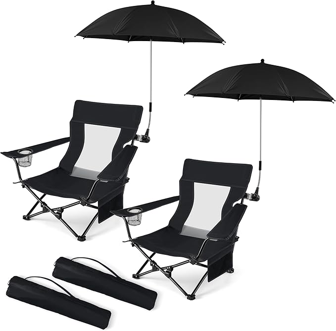 HaSteeL Low Beach Chair Set of 2, Foldable Black Camping Chair with Adjustable Umbrella Set for Adults, Lightweight Portable Lawn Chairs for Fishing, Picnic, Outdoor BBQ, Travel, Sports