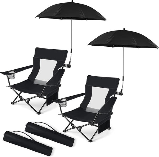 HaSteeL Low Beach Chair Set of 2, Foldable Black Camping Chair with Adjustable Umbrella Set for Adults, Lightweight Portable Lawn Chairs for Fishing, Picnic, Outdoor BBQ, Travel, Sports