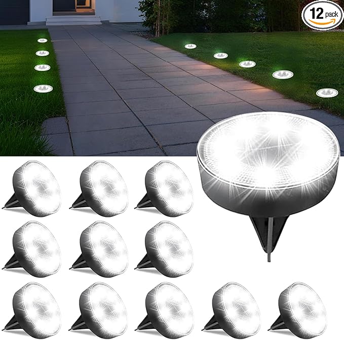 Ground Lights 12 Pack, IP68 Waterproof Solar Disc Lights for Outdoor, Flat Garden Light, In-Ground Light, Landscape Lighting for Pathway, Walkway, and Yard-12 Pcs (Cold White)